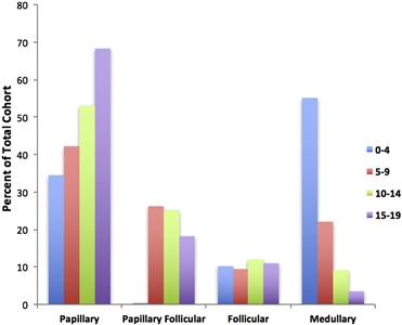 Chart showing the incidence of pediatric thyroid carcinoma based on most frequent subtype per 100,000 as a percent of total cohort.